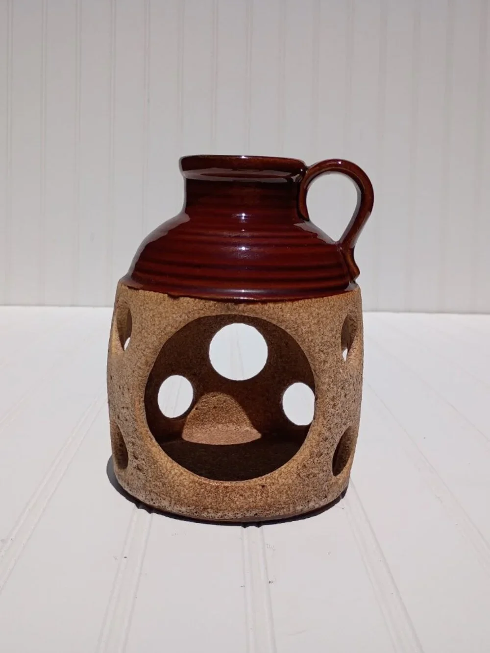 Vintage Royal Haeger USA Pottery Jug Vase Brown Glazed Crockery Cutout Pattern